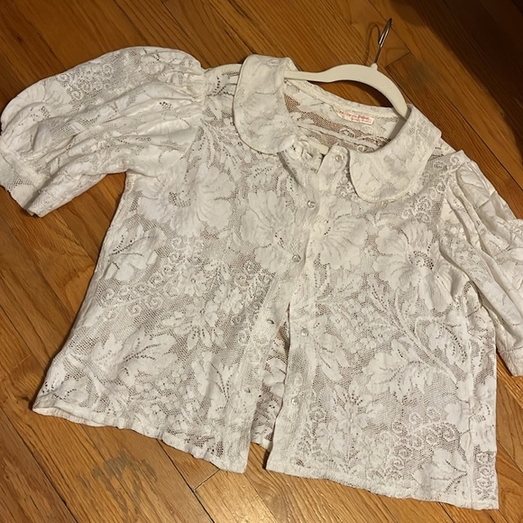 Vintage 1970s Puff Sleeve Peter Pan Collar Lace Blouse - Picture 7 of 8